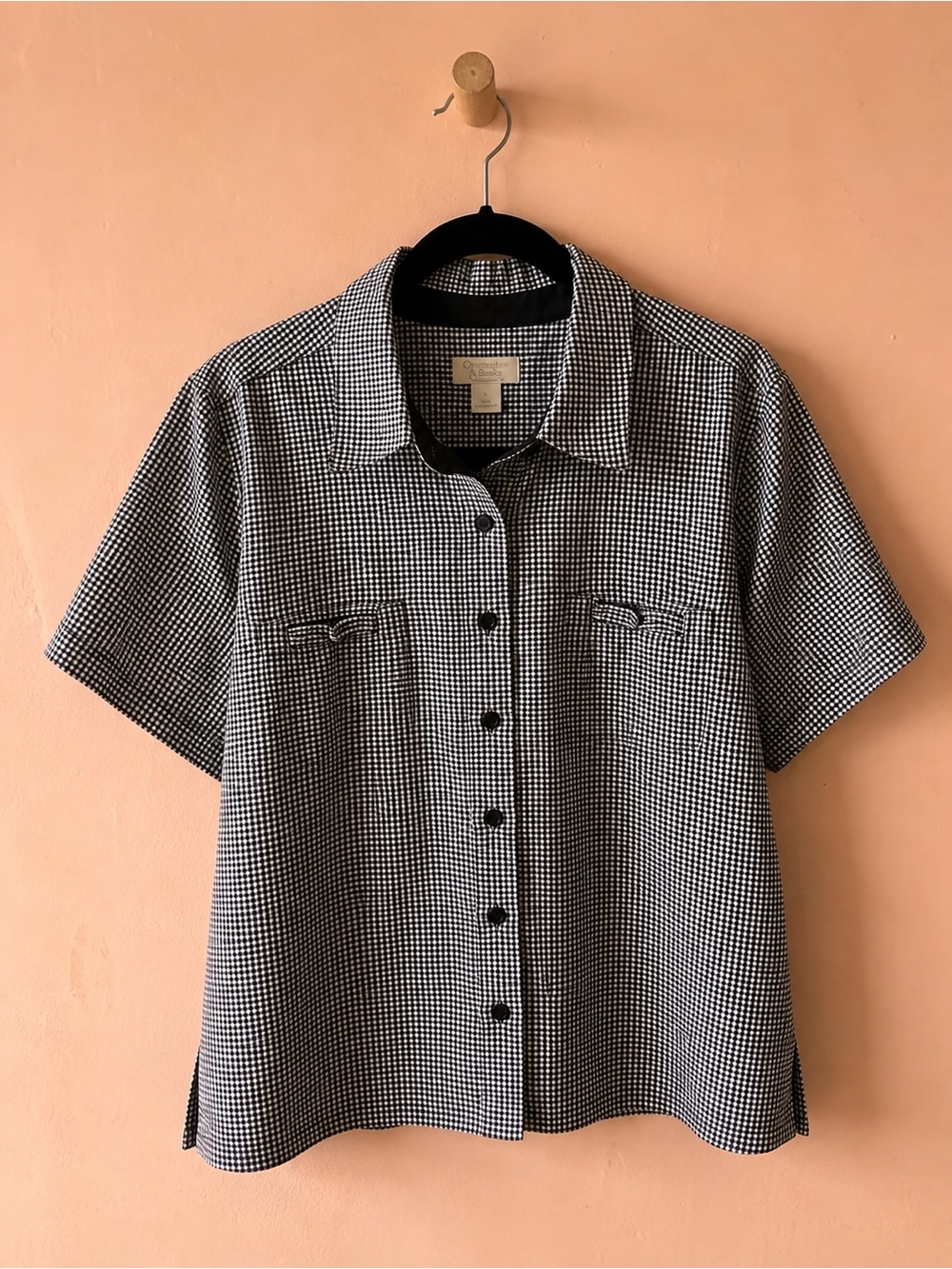 Christopher & Banks Black and White Gingham Short Sleeve Button Front Blouse